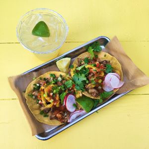 Vegan tacos with the BEST margarita on draft.  at Cholo Soy Cocina in West Palm Beach