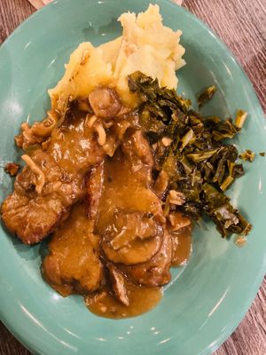 Seitan with slow cooked collards mashed potatoes and vegan gravy  at The Root Cellar in Pittsboro