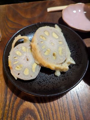 Lotus root stuffed with mustard at Renkon-Ya in Kyoto