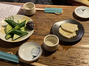 Cucumber dipped with miso; Lotus root stuffed with miso and mustard at Renkon-Ya in Kyoto