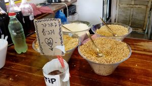 different Malabi topping all vegan at Hamalabiya - Olei Zion in Tel Aviv