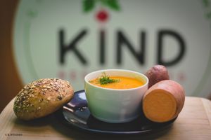 Red and sweet potatoes combined in an amazing cream soup at KIND in Sofia