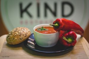Baked red peppers cream soup, onion and oil free at KIND in Sofia