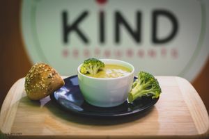 Broccoli cream soup, oil and onion free at KIND in Sofia