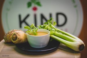 Parsnip and celery cream soup, strong but balanced flavour and taste at KIND in Sofia