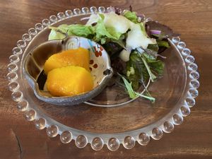 Salad with delicious dressing and pumpkin  at Ihanoha in Kanazawa