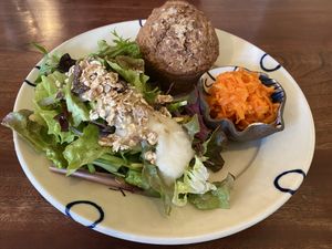 Salad with delicious dressing, carrot and muffin at Ihanoha in Kanazawa