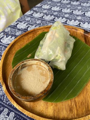 Rice paper rolls with peanut dipping sauce  at Two Little Birds in Luang Prabang