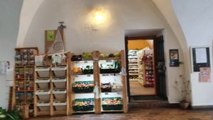 Fresh fruits and veggies outside the shop at Vitalka in Klatovy