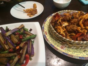 'chicken' and eggplant dishes at TiānLóng Bǎo Yán in Xian