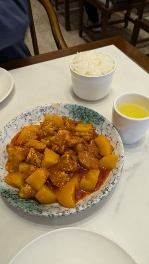 Sweet n sour vegan pork (mock meat, pineapple & mango) at Daxingshan Temple Vegetarian in Xian