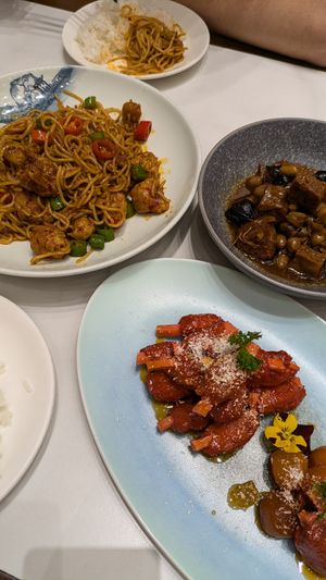 Salt and 'spicy pepper' chick'n noodles, plum ribs, and Shanghainese bran at Daxingshan Temple Vegetarian in Xian