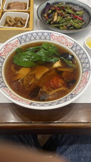 veggie soup. Mushrooms, bok choy, and other veggies. The broth tasted like mushroom-based.  at Daxingshan Temple Vegetarian in Xian