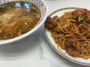 Noodle soup and vegan chicken Kong Pao  at Daxingshan Temple Vegetarian in Xian