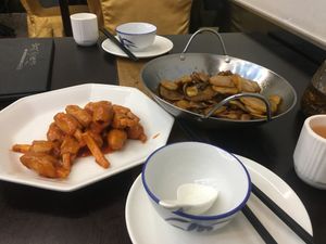 Mock drumsticks and a potato and mushroom stir-fry at Daxingshan Temple Vegetarian in Xian