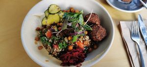 Breakfast bowl - quinoa, cucumber, tomato, hummus, beetroot relish, fresh dill and parsley, crispy chickpeas and falafel. This was one of the best, if not the best salad I've ever  at Clodeli in Randwick