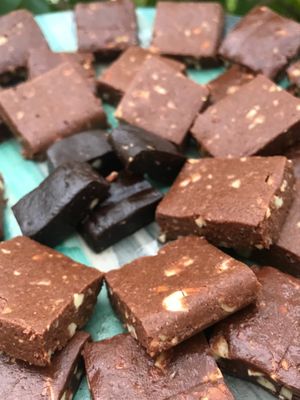 Almond cacao fudge with pure cacao! Obviously no dairy or white sugar, we use jaggery as a sweetener!  at AhimsaGram in Jaipur