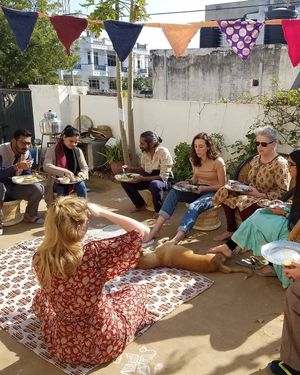 Freinds and community coming here for 'food for a thought'. A space to look at alternate ways of living in the world which are more in harmony with nature.  at AhimsaGram in Jaipur