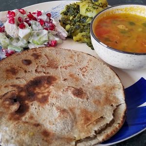 Bajra Roti with Aloo Methi and Vegan Kadi  at AhimsaGram in Jaipur