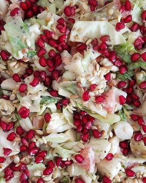 Lettuce and Rdish with seeds and peanut curd dressing.  at AhimsaGram in Jaipur