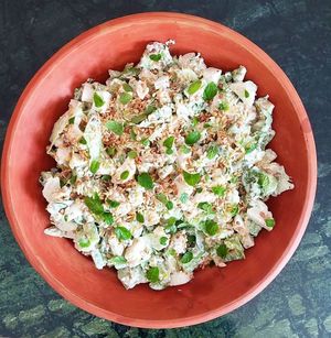 Salads with nut creams.  at AhimsaGram in Jaipur