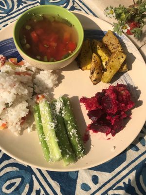 Wellness meals have raw, steamed veggies, curry and staple as well as a dessert.  at AhimsaGram in Jaipur