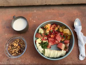 granola fruit bowl at Annamaya in Lalitpur