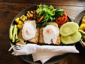 Toast with two eggs, veggies & side salad at Annamaya in Lalitpur