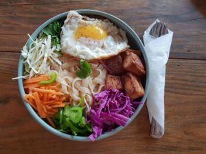 Rice Noodles with raw veggies, tofu & egg  at Annamaya in Lalitpur