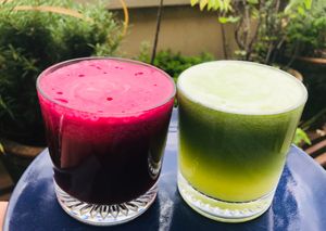Beetroot & Cucumber fresh cold pressed juices at Annamaya in Lalitpur