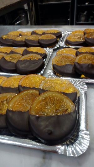 Candied Orange with dark chocolate at El Desig Pastissers  in Canet De Mar