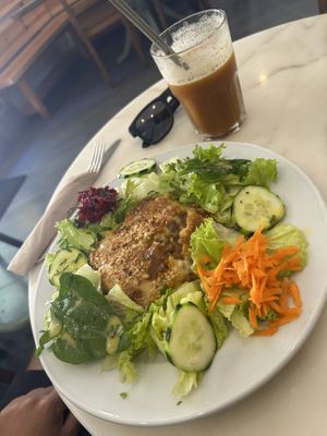 Lentil moussaka and fresh salad  at Mela Canela in Sintra