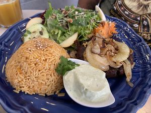 Red bean burger with a side of rice and vegan mayonnaise   at Mela Canela in Sintra