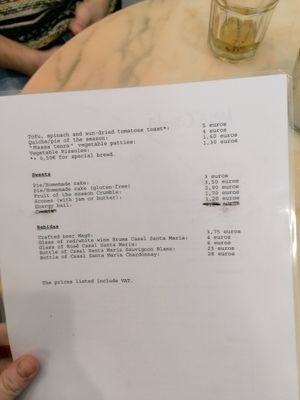 Menu (will change in April) at Mela Canela in Sintra