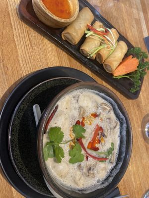 Mushroom Tom kha soup and vegetable spring rolls  at Nadon Thai in Durham