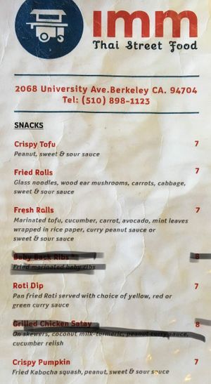 Menu at Imm Thai Street Food in Berkeley