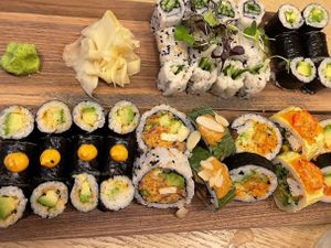 Chefs platter plus some avocado cucumber rolls for the kids  at Bloom Sushi in Montreal