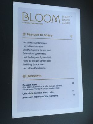 Menu at Bloom Sushi in Montreal