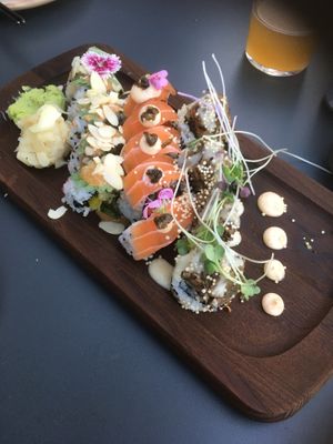 Left side kimbap, middle Salmon Philadelphia, right side Mr. Crunch at Bloom Sushi in Montreal