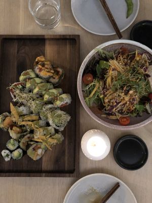 Sushi plate and papaya salad at Bloom Sushi in Montreal