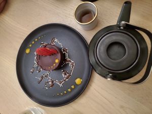 Delicious chocolate dessert with some green tea! at Bloom Sushi in Montreal