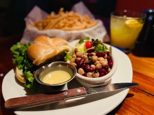 The veggie burger with vegan Kaiser roll, make sure to ask for this not the regular bun... we split our sandwich, one getting salad the other fries.  at Nepenthe in Big Sur