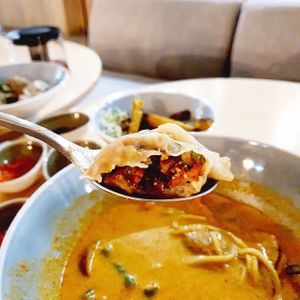Vegan dumplings close up shot. Shroom fillings at Real Food 真食 - Yishun in North Singapore