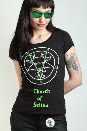 'Church of Seitan' worshippers' T-shirt. Includes simplified pentagram with a sweet goat kid and 'vegan' inscription in it. We have it also in men's cut. Printed and sewn in Poland at Punk Parrot in Warsaw