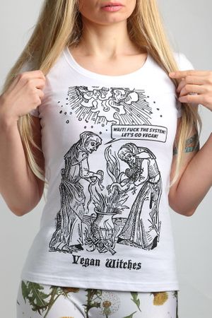 'Vegan Witches' t-shirt - based on original, anonymous, medieval print. One of the witces is saying 'Wait, fuck the system, let's go vegan!' So will you? at Punk Parrot in Warsaw