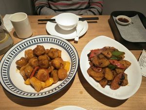 Sweet and sour 'pork', spicy potatoes. at Duǒ Duǒ Kāi 朵朵开素食 - Houzaimen in Jinan