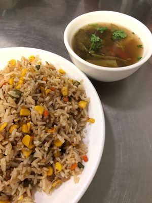 Mixed fruit fried rice comes with a bowl of soup at Nature in Mandalay