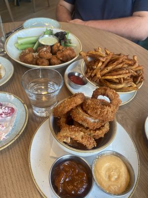 Onion rings , coliflower buffalo and fries  at Fresh on Sunset in West Hollywood