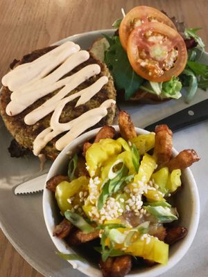 burger + side sweet potato dragon fries, can't go wrong at Fresh on Sunset in West Hollywood