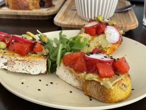 Tostadas Levante. Humus de edamame. Top  at Malcafe in Conil De La Frontera